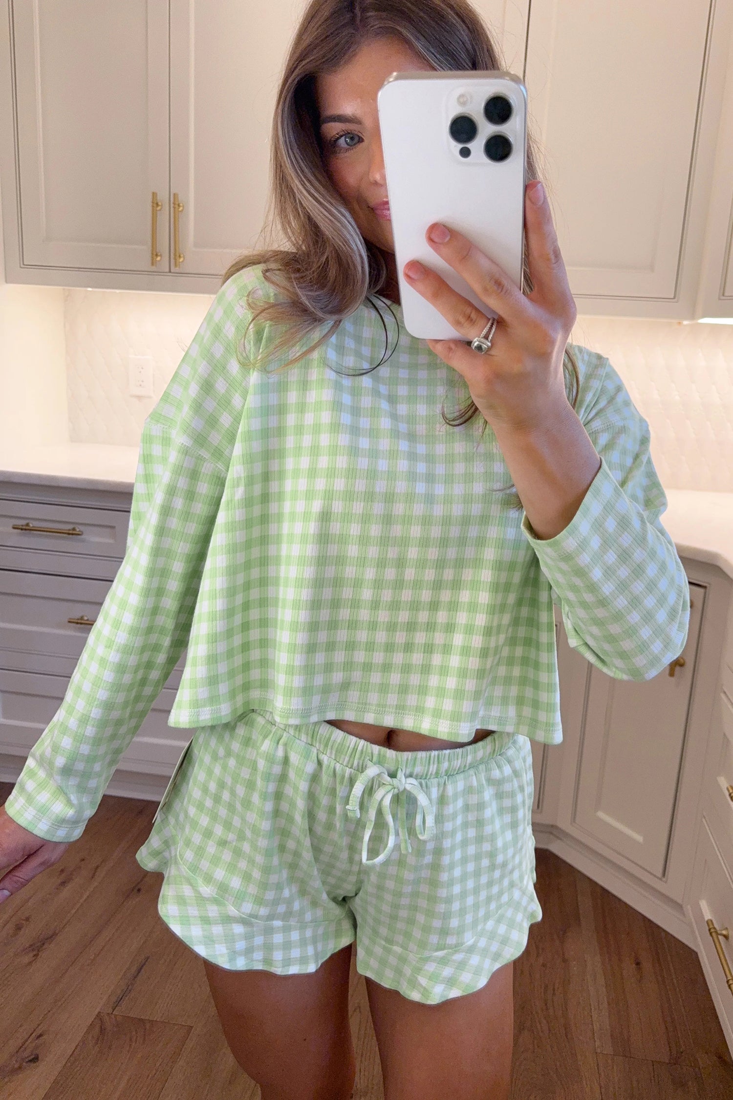 Green Gingham Long Sleeve Loose Top Drawstring Shorts 2pcs Lounge Set