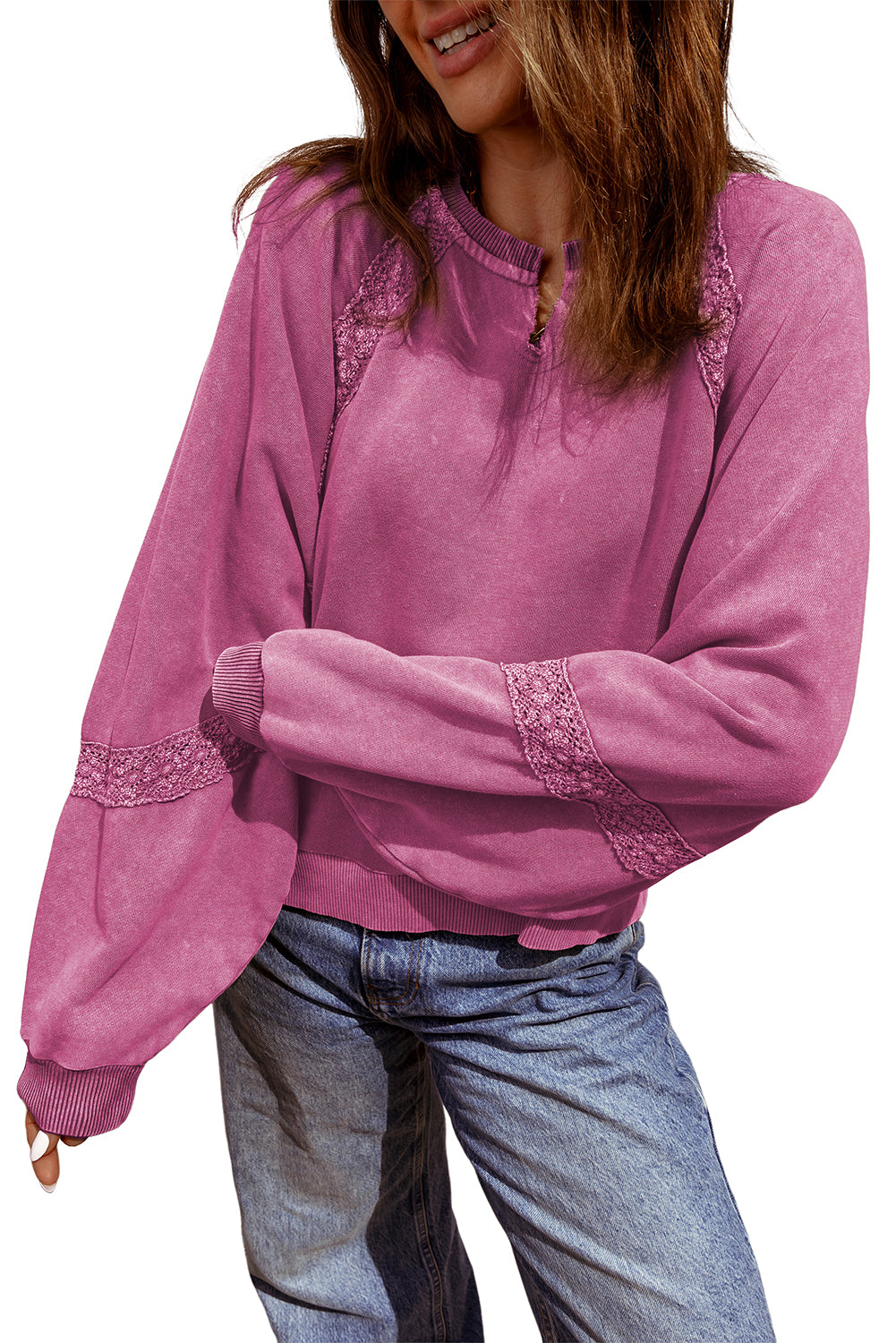Sudadera holgada con lavado mineral, cuello con muescas y apliques de encaje rojo rosa