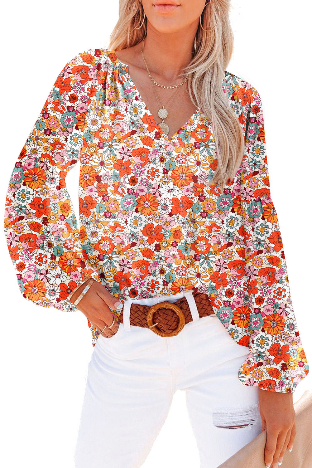 Golden Apricot Boho Floral Print V Neck Long Sleeve Blouse