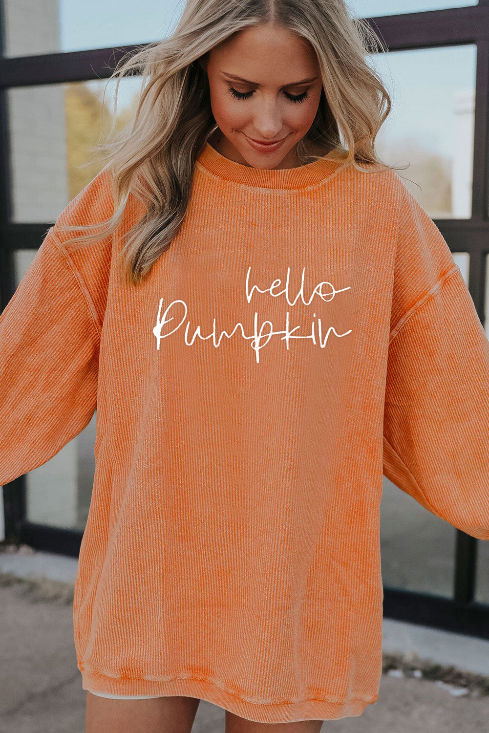Orange hello pumpkin Letter Embroidered Ribbed Texture Baggy Sweatshirt