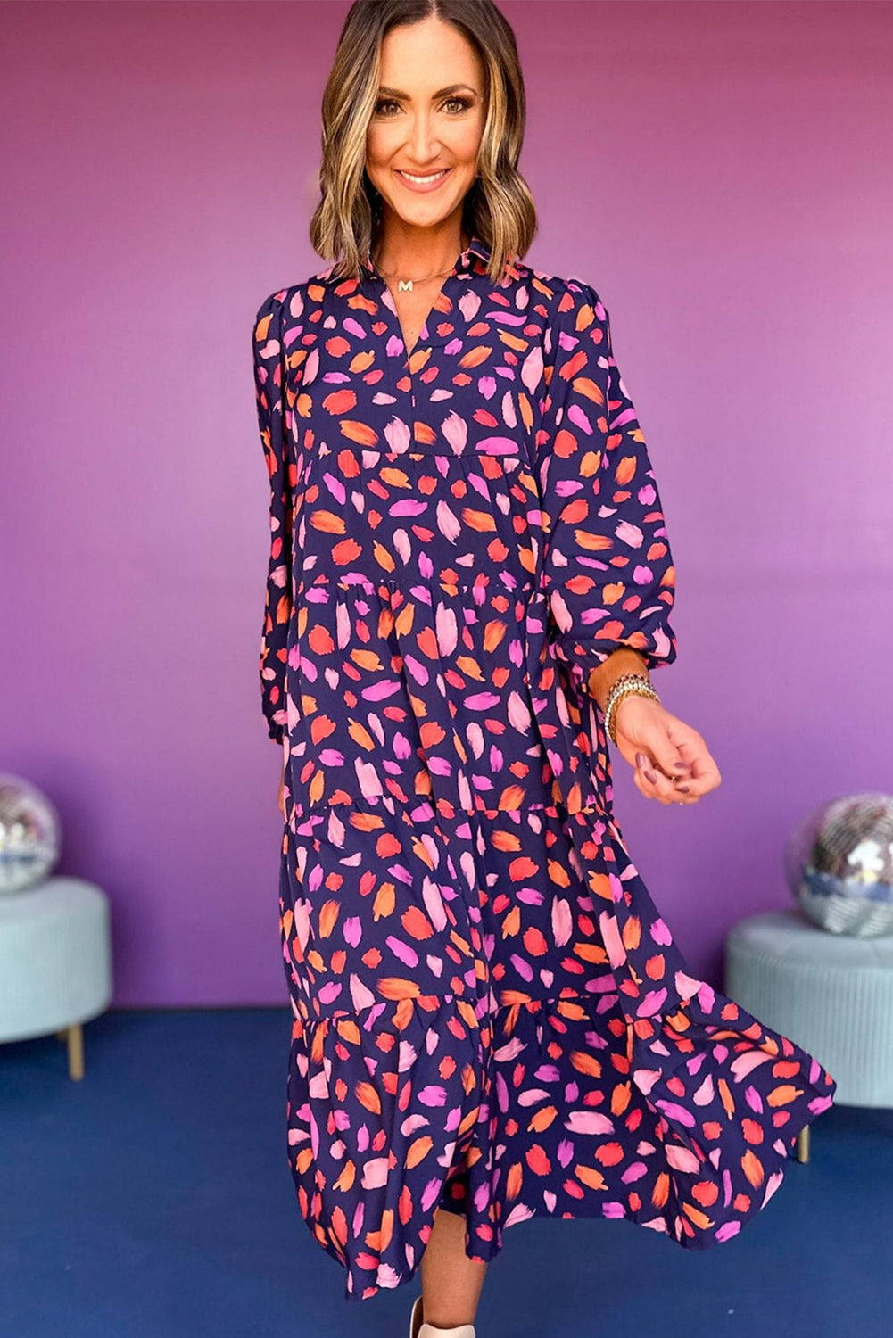 Purple Floral Print Collared Tiered Flowy Long Dress