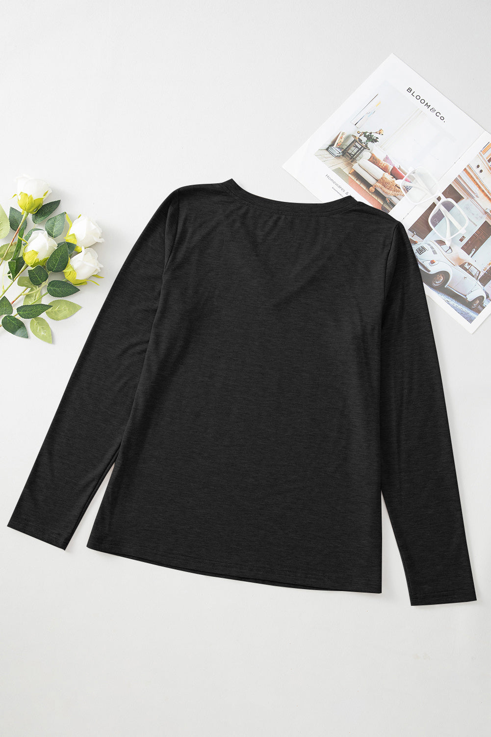 Smoke Gray Plain V Neck Long Sleeve Top
