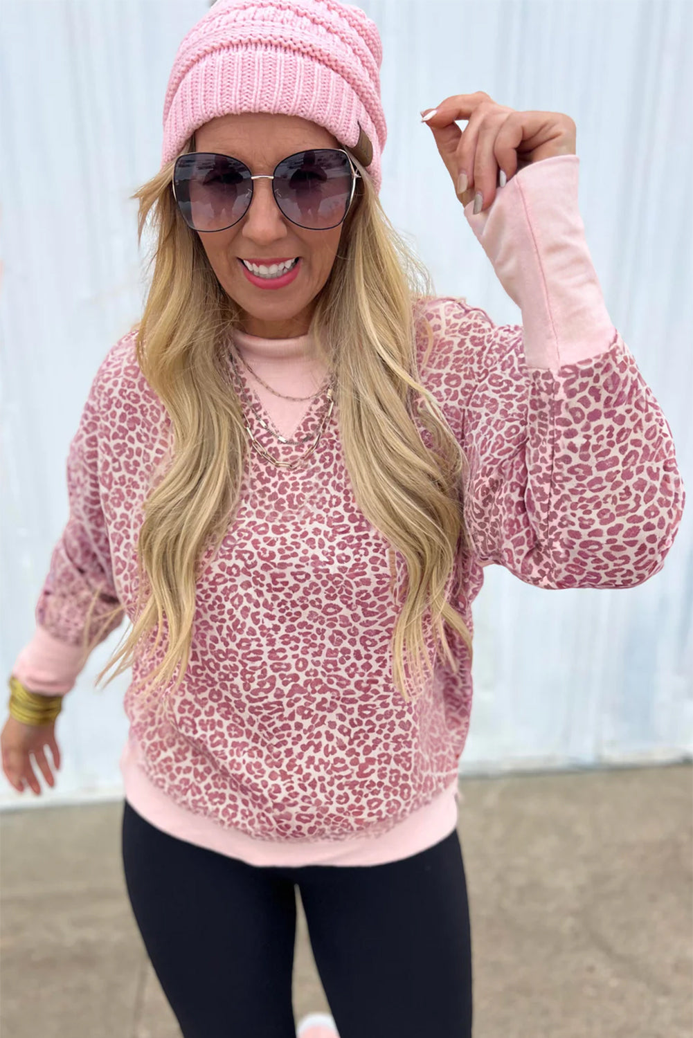 Pink Leopard Print Patchwork Crew Neck Sweatshirt