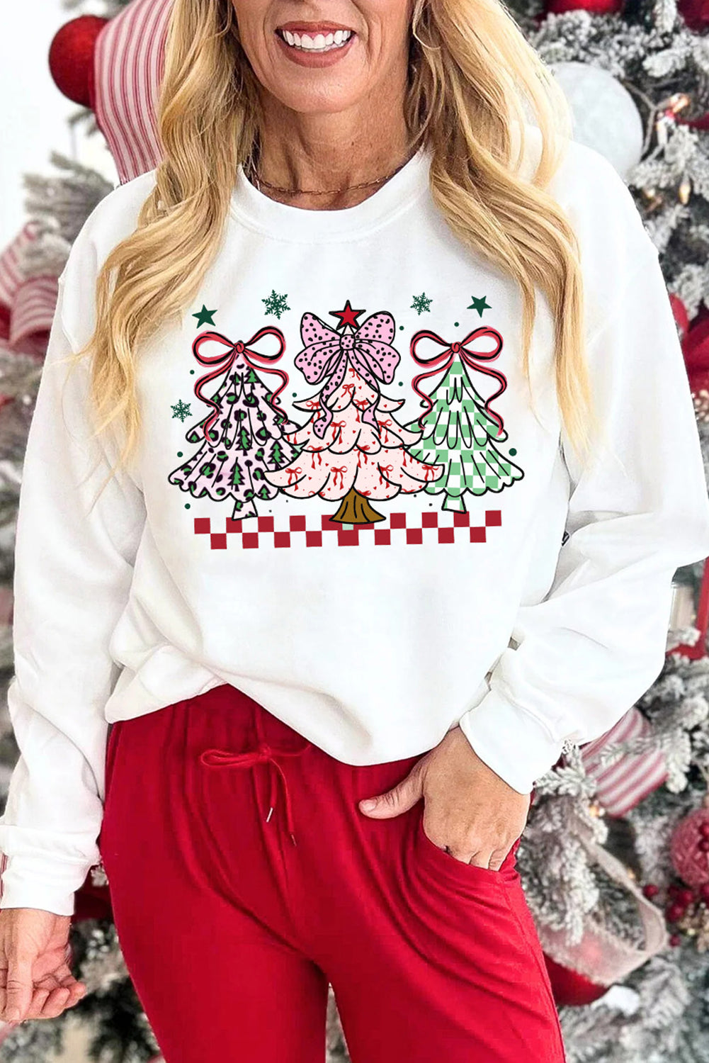 White Christmas Tree Graphic Heat Transfer Printing Holiday Sweatshirt