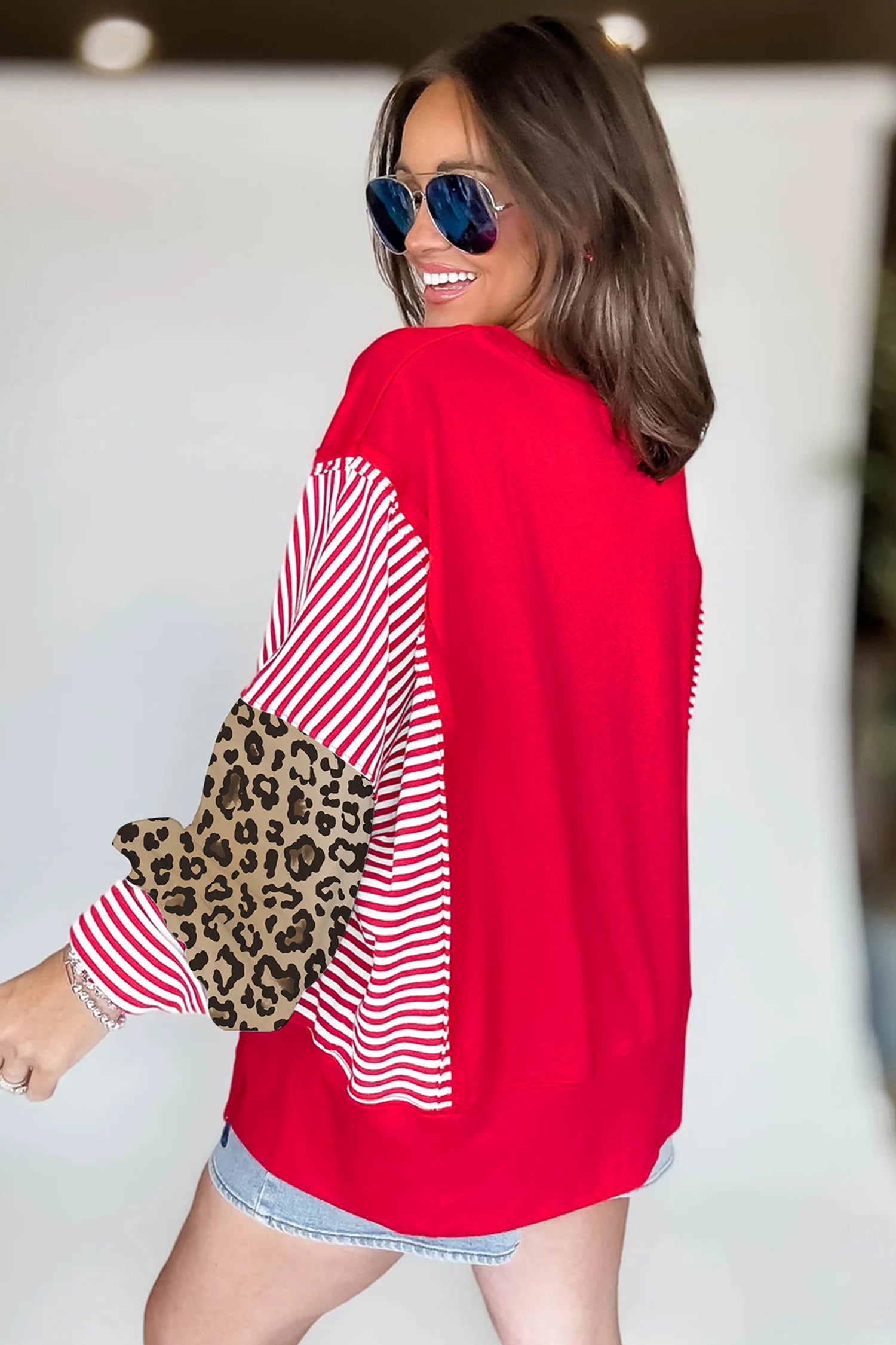 Racing Red Striped Patchwork Sleeve Colorblock Sweatshirt