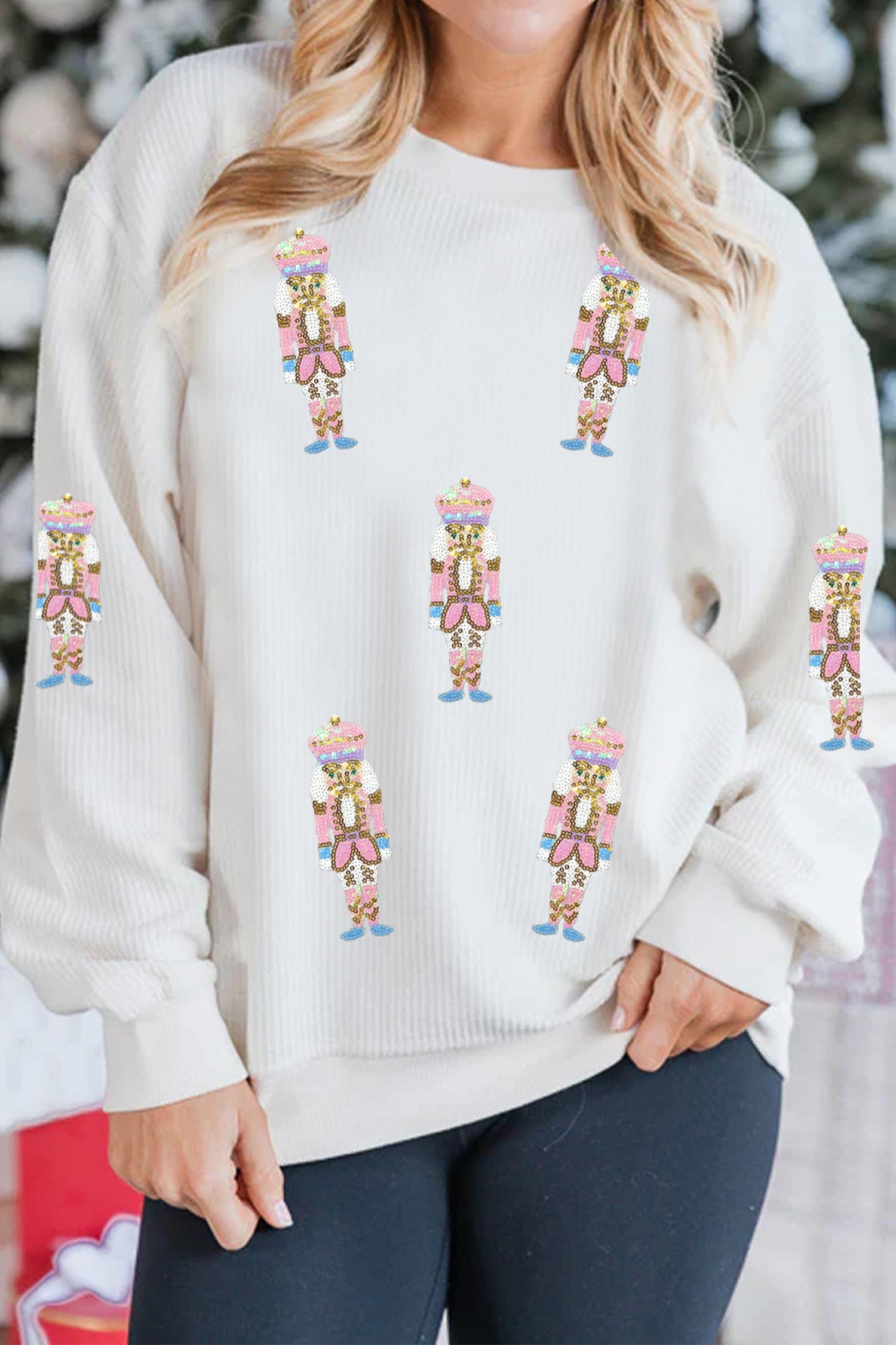 White Corded Rib Sequin Patched Nutcracker Graphic Drop Shoulder Sweatshirt