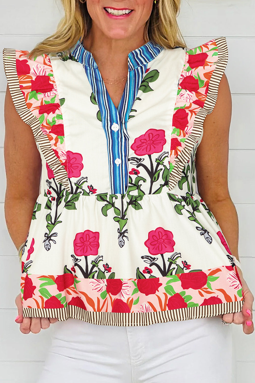 Pink Floral Print Striped Patchwork Flutter Sleeve Blouse