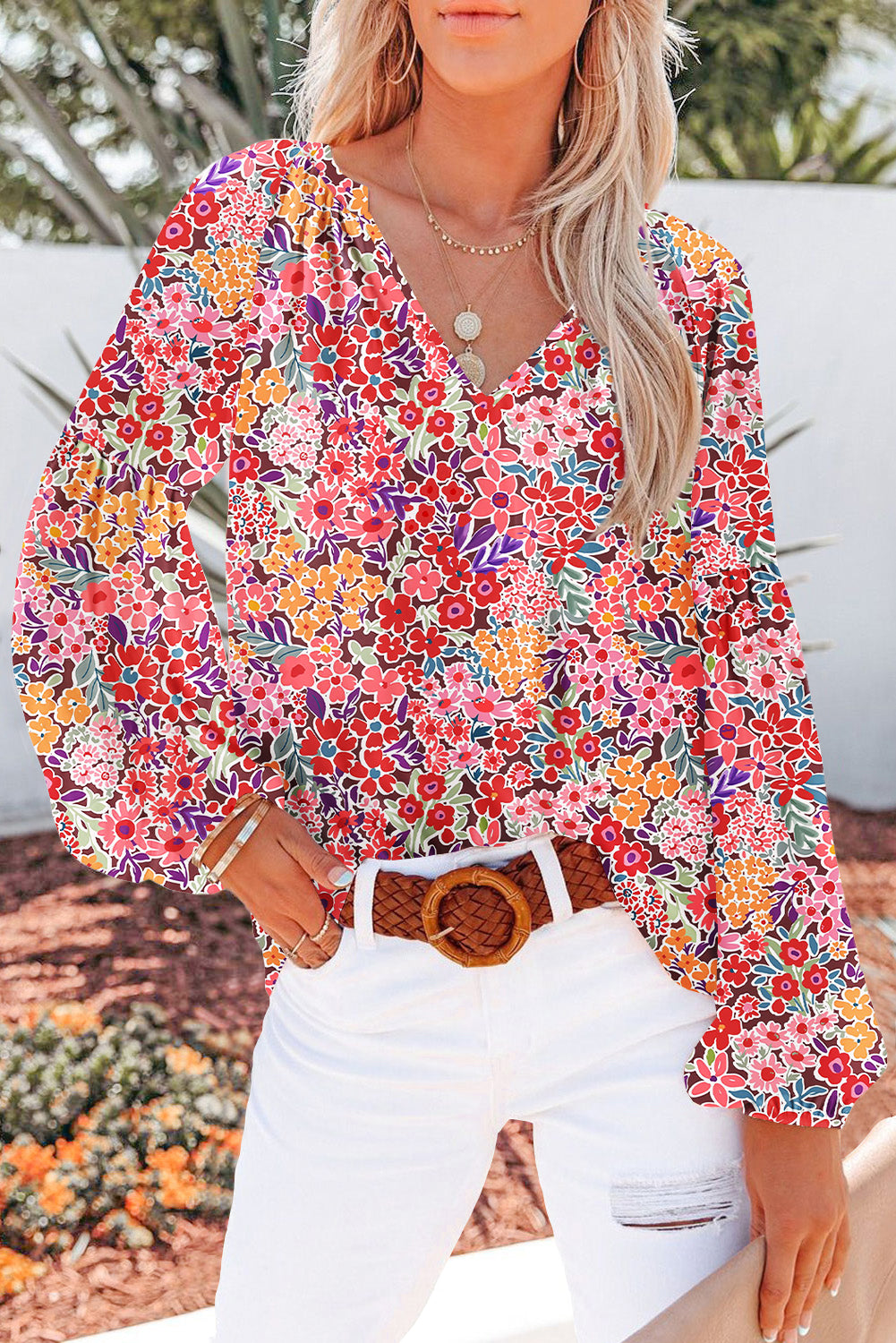 Golden Apricot Boho Floral Print V Neck Long Sleeve Blouse