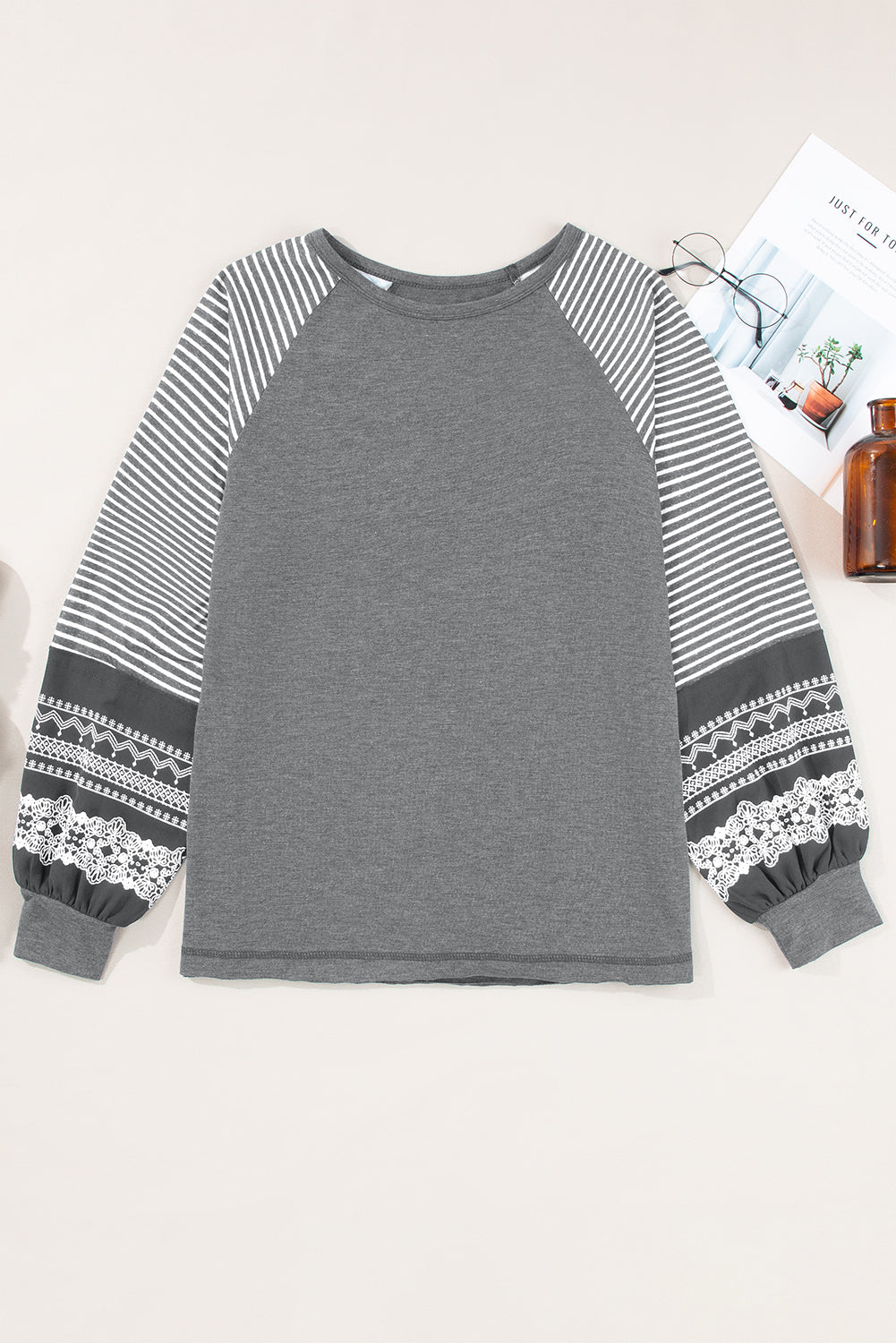 Medium Grey Contrast Print Striped Raglan Long Sleeve Loose Top