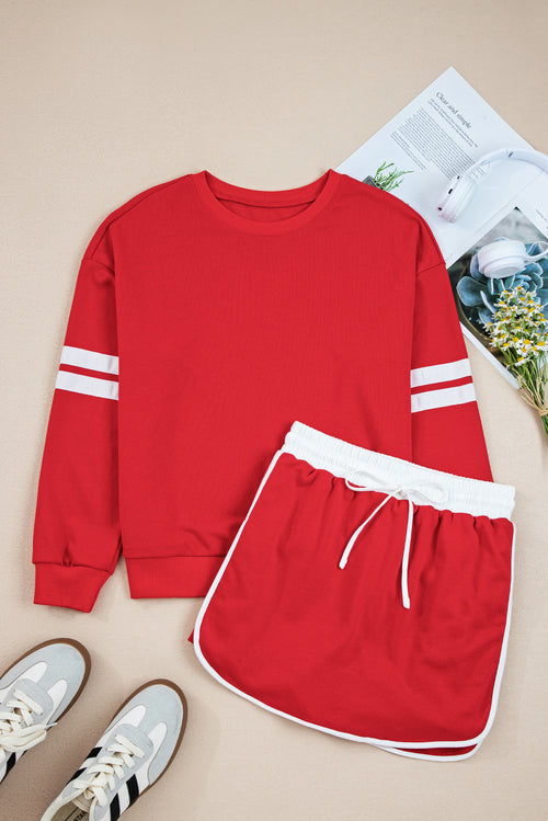 Fiery Red Varsity Stripe Detail Drop Shoulder Pullover Mini Skirt Set