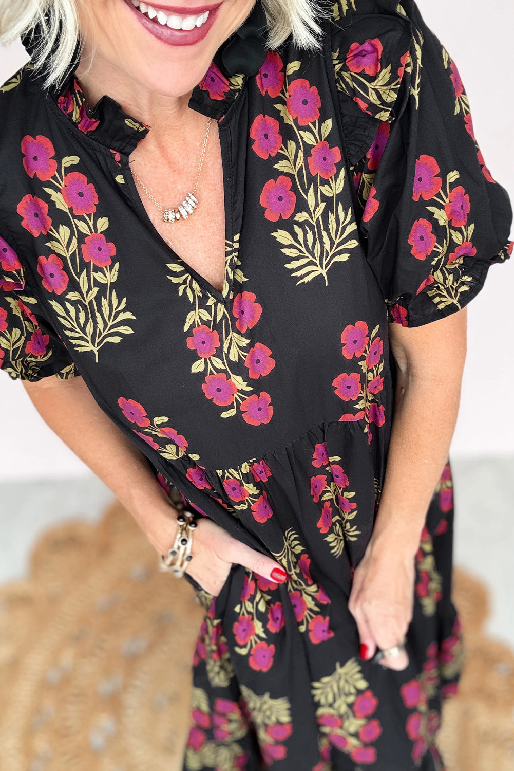 Beige Floral Short Bubble Sleeve Tiered Maxi Dress