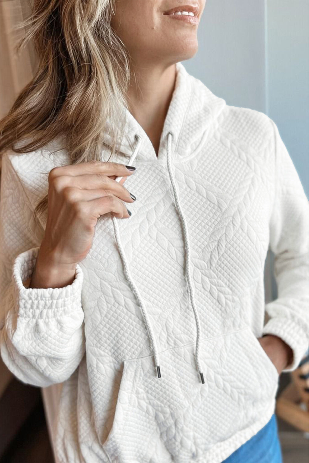 White Lattice Texture Kangaroo Pocket Hoodie