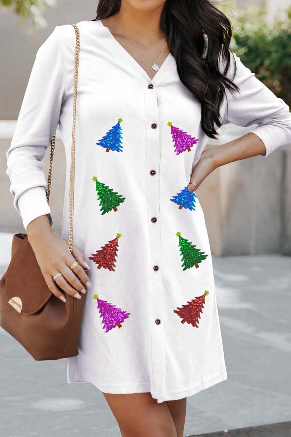 White V Neck Button Down Multi Sequin Christmas Tree Long Cardigan