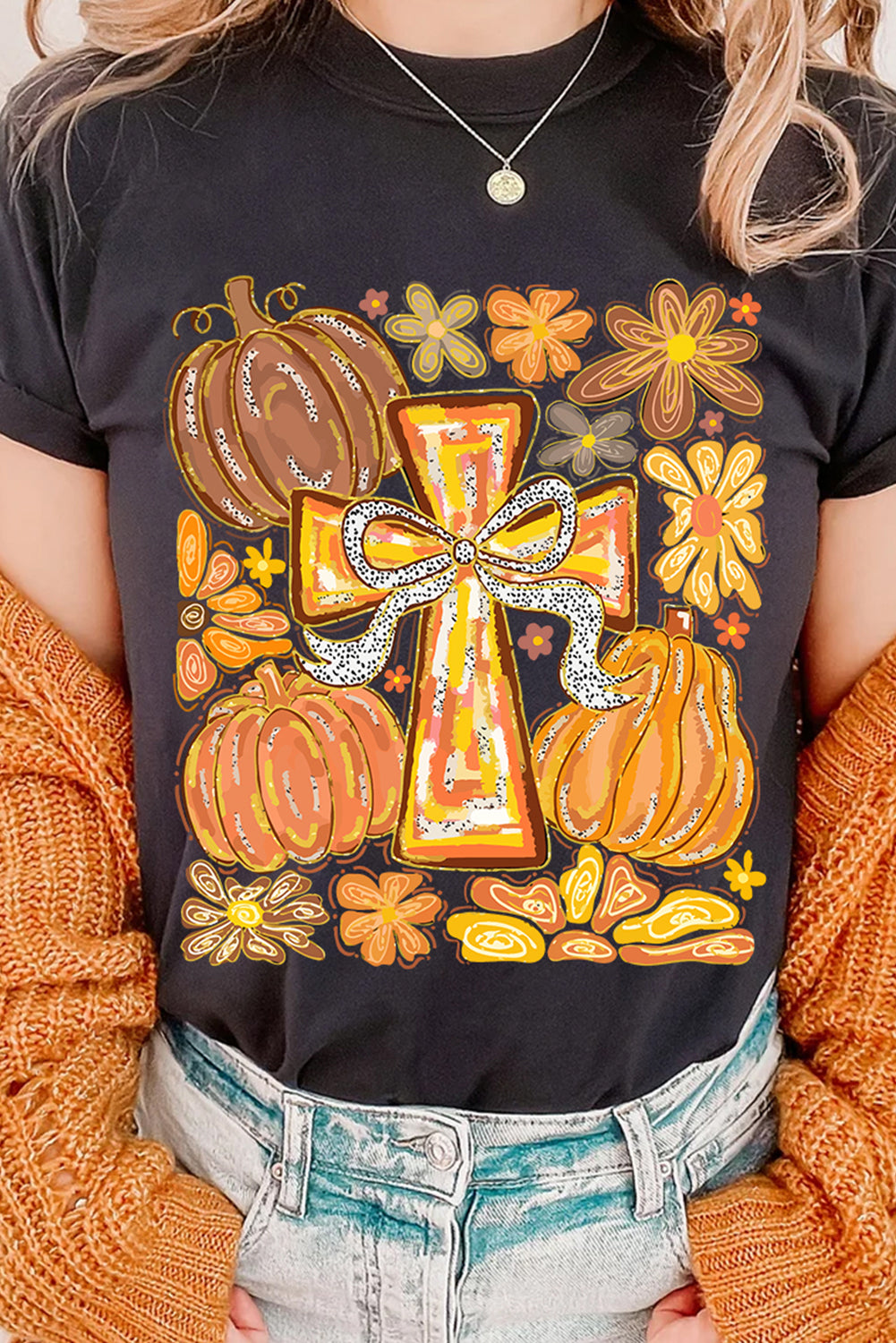Black Thanksgiving Pray Cross Pumpkin Graphic Cotton Blend Tee