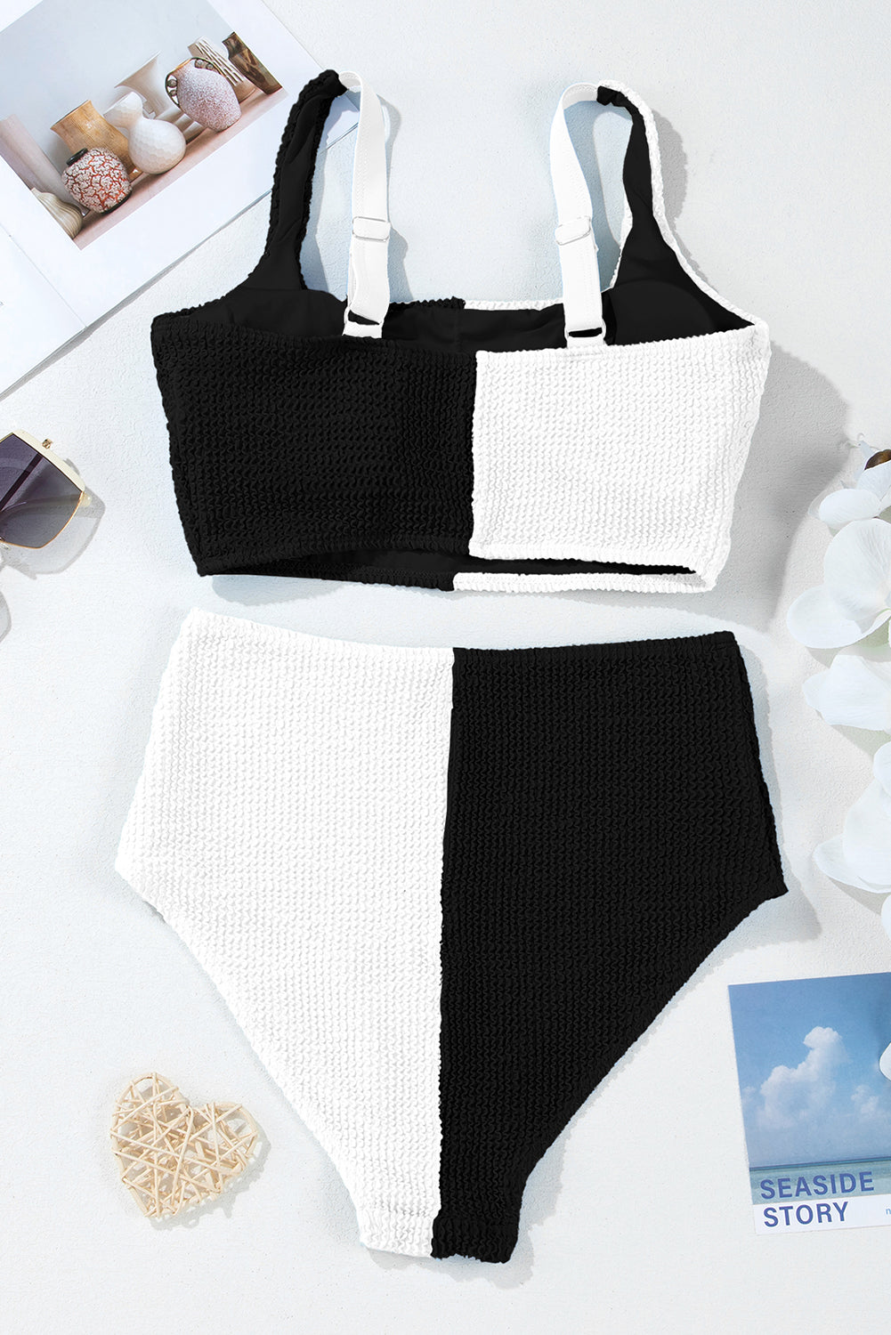Black Corded Solid Square Neck Bikini Swimsuit