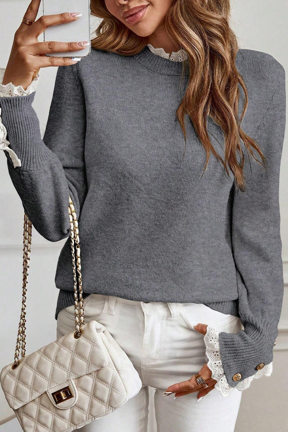 Racing Red Lace Trim Patchwork Buttoned Cuffs Loose Sweater