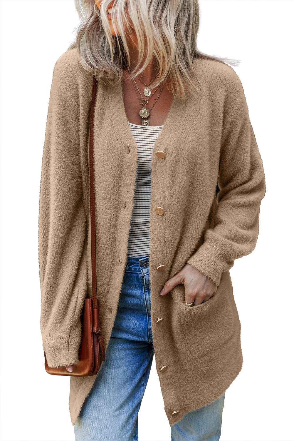 Cárdigan liso midi con botones delanteros y peludo en gris humo