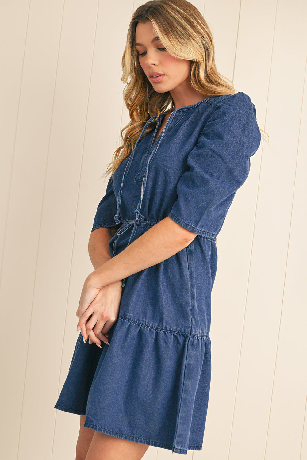 Blue Drawstring High Waist Puff Sleeve Denim Mini Dress