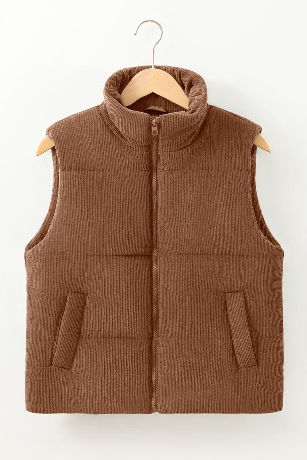 Gilet matelassé zippé en velours côtelé beige à col montant