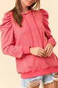 Red Striped Puff Sleeve Drawstring Hoodie
