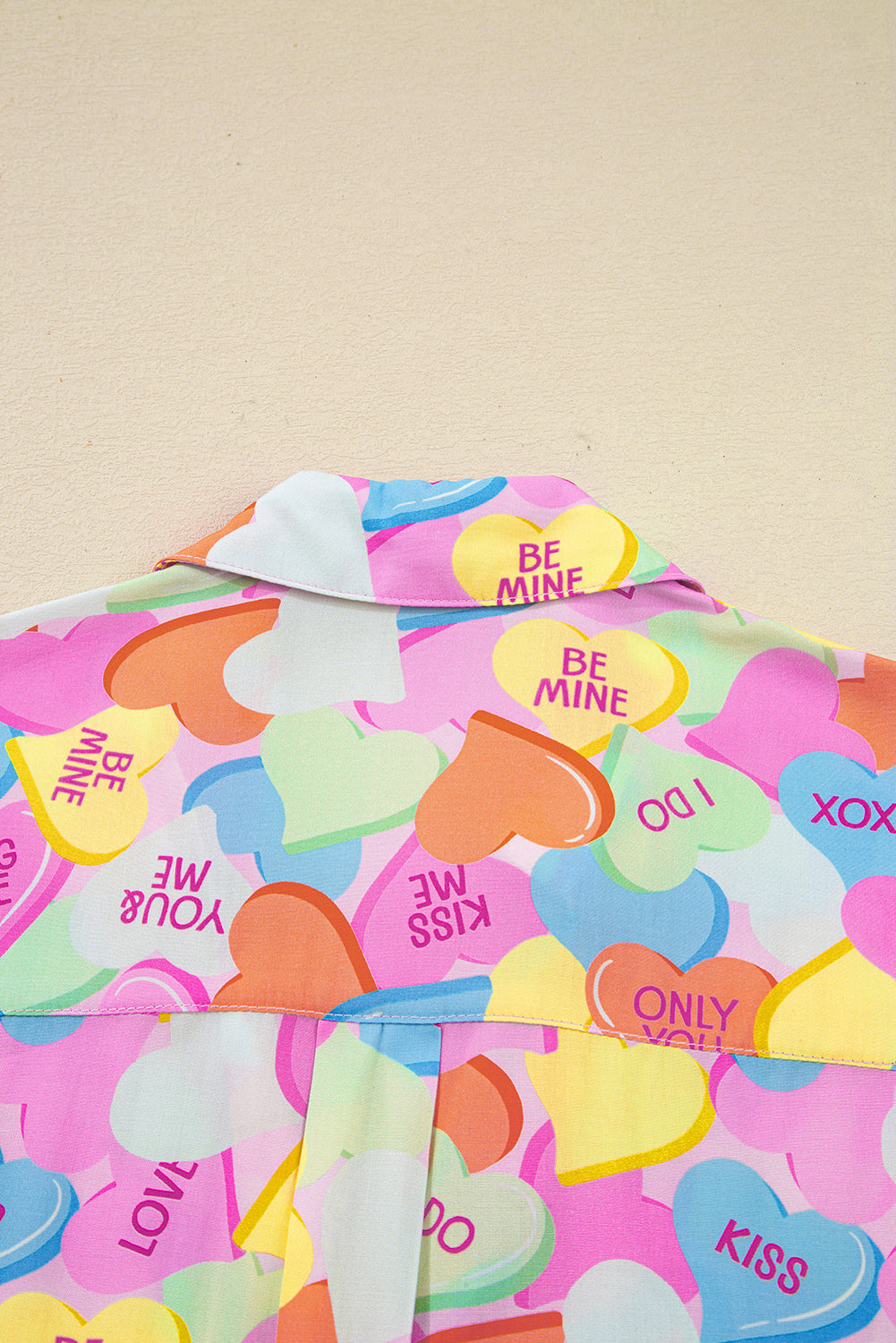 Pink Valentines Candy Heart V Neck Collared Tunic Shirt and Shorts 2pcs Pajama Set