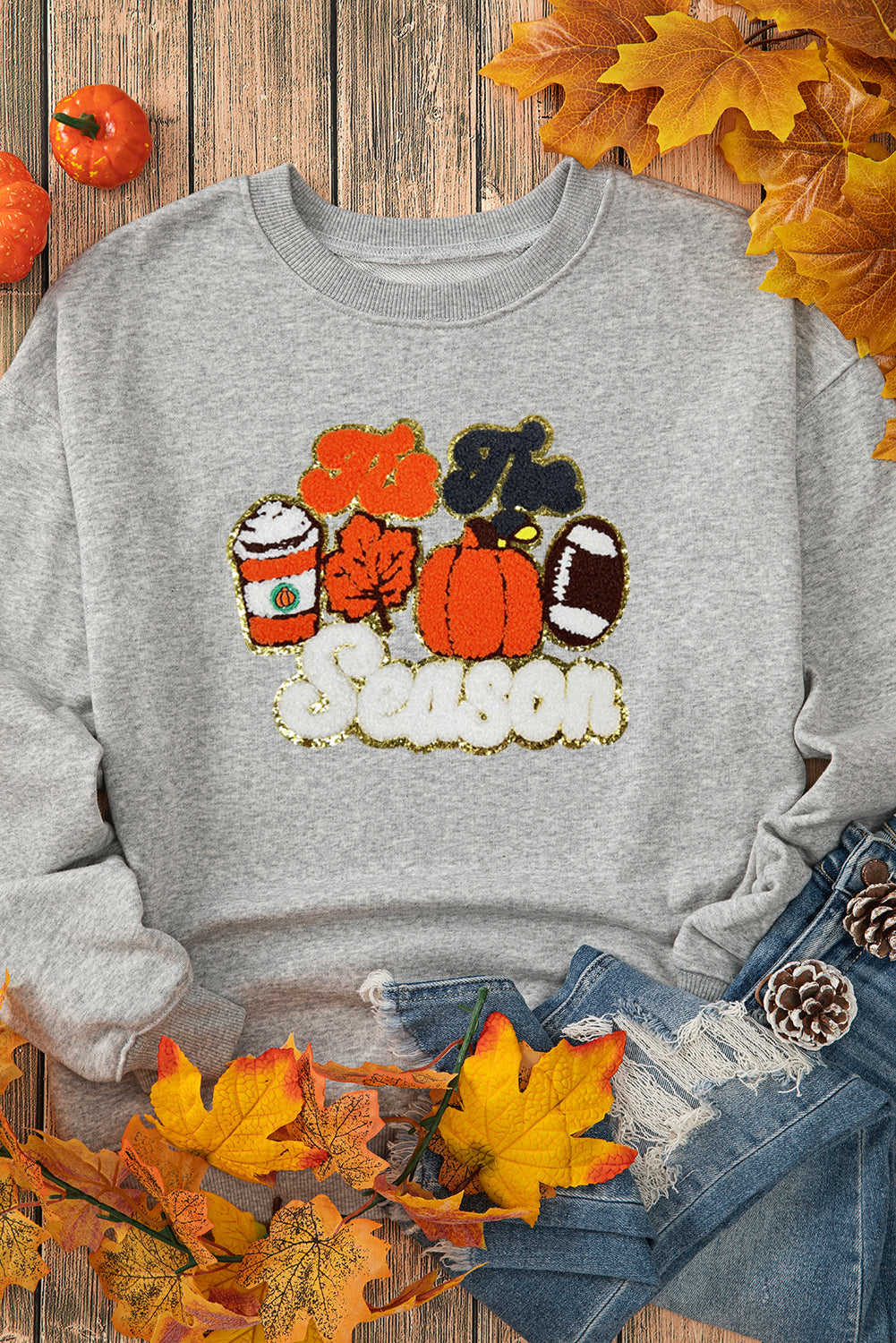 Gray Fall Season Pumpkin Football Graphic Sweatshirt