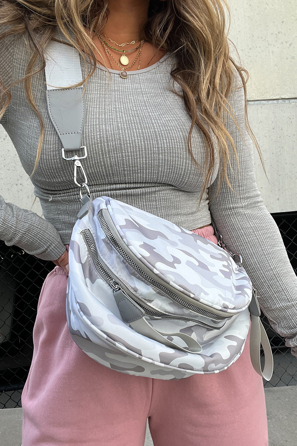 Camouflage Print Double Zipper Crossbody Bag