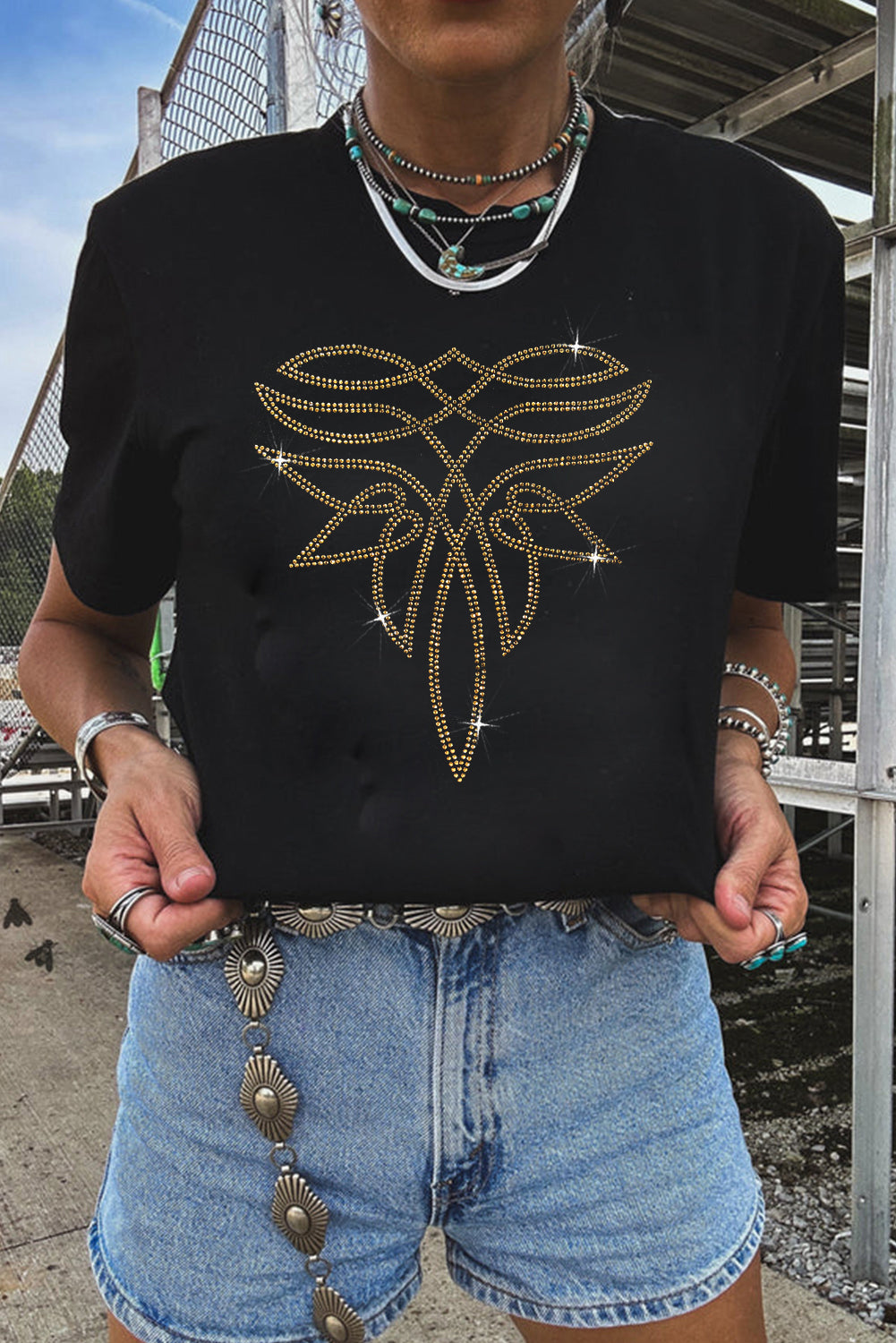 Black Rhinestone Boot Stitch Pattern Printed Cotton Blend Tee