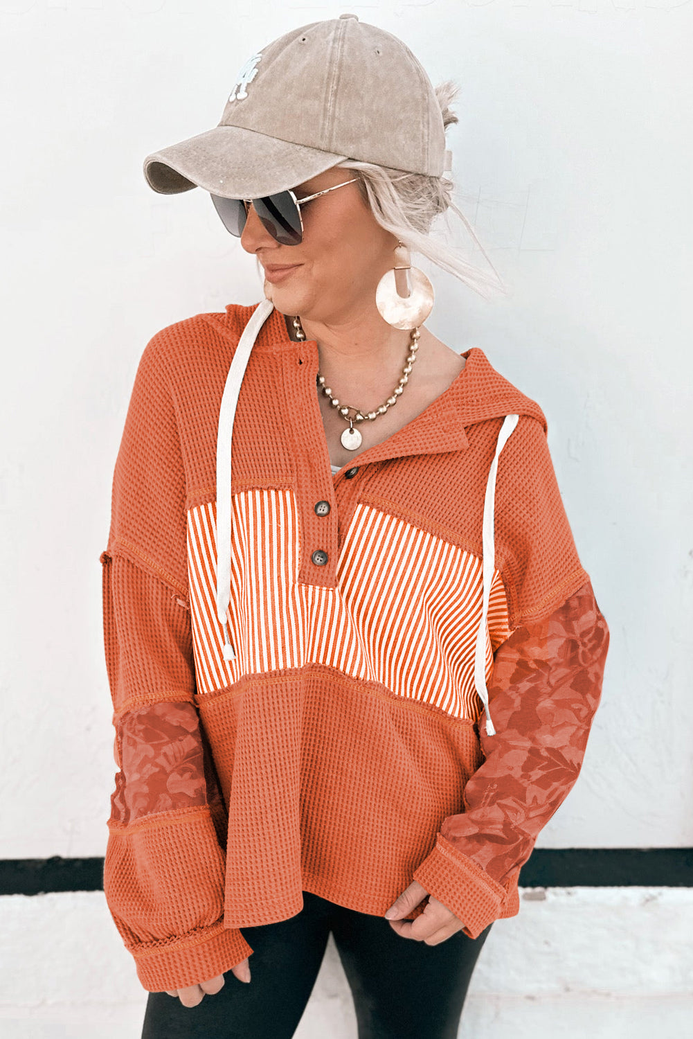 White Waffle Printed Patchwork Drawstring Hooded Long Sleeve Top