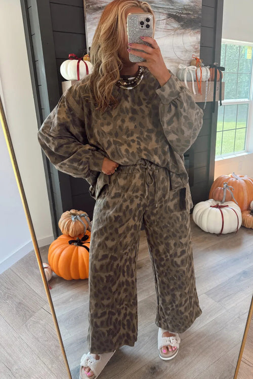 Ensemble pull-over marron à imprimé léopard intégral et pantalon ample à cordon de serrage