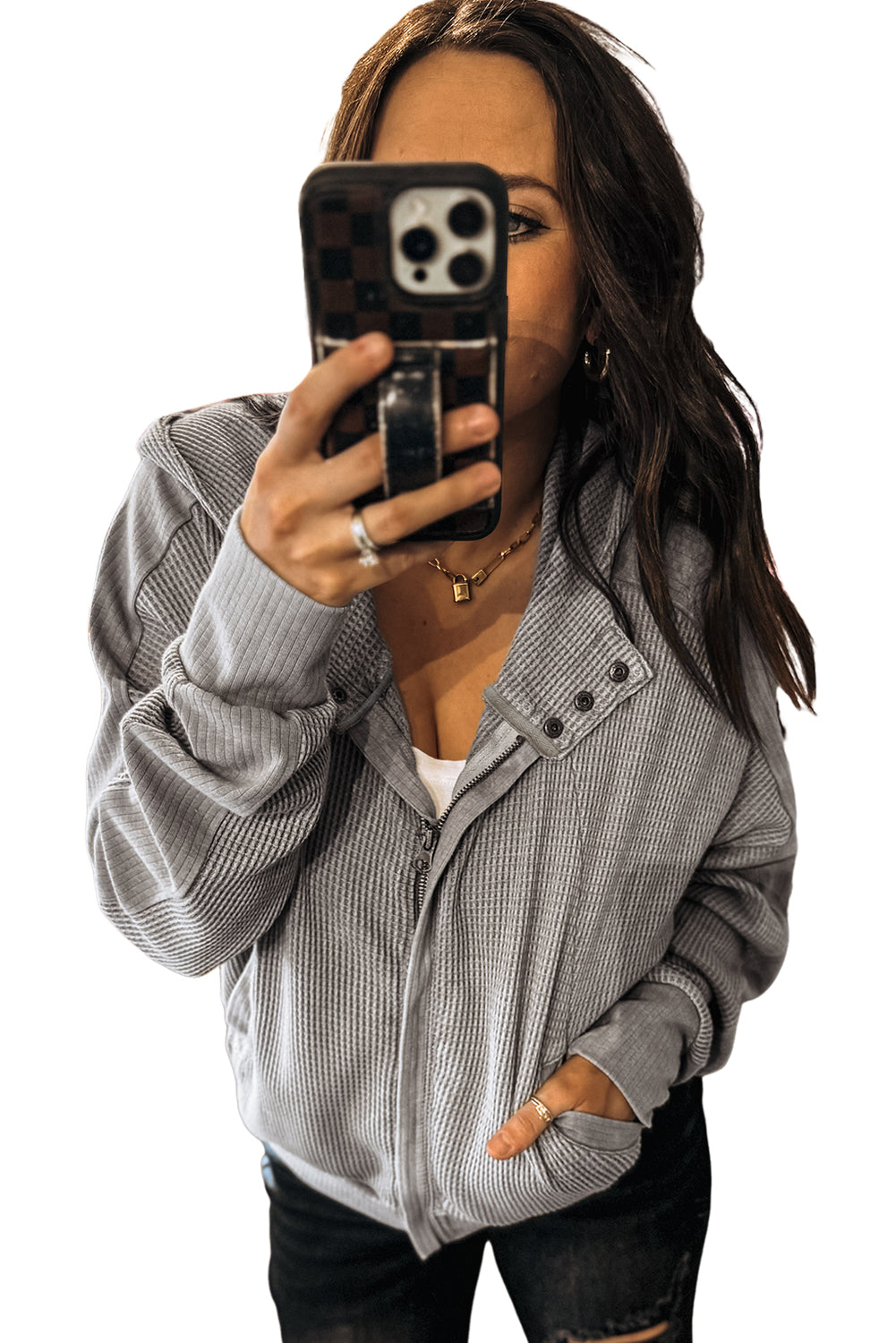 Gray Waffle Splicing Zip Up Front Button Hooded Jacket