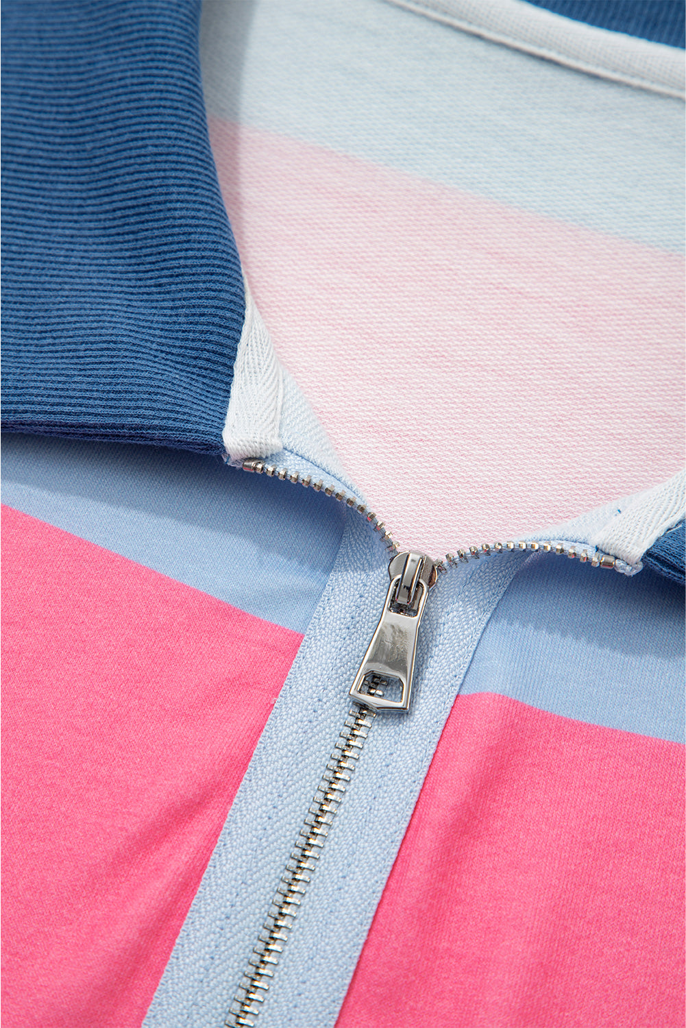 Blue Stripe Colorblock Patchwork Zip-up Plus Size Pullover