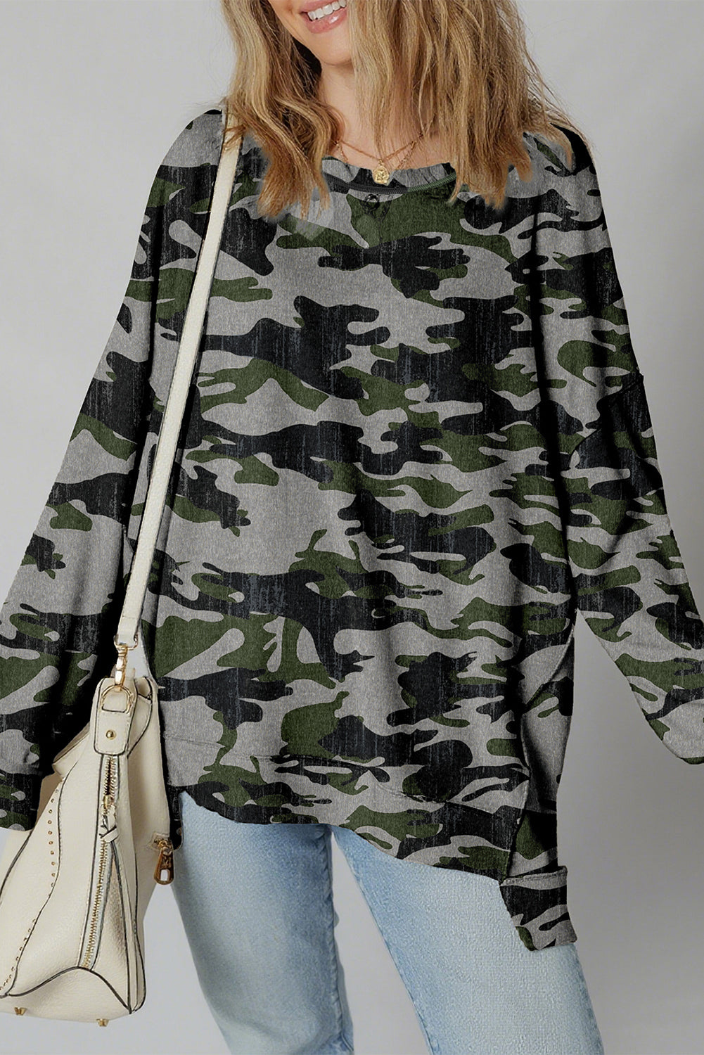 Green Camouflage Print Exposed Seam Drop Shoulder Sweatshirt
