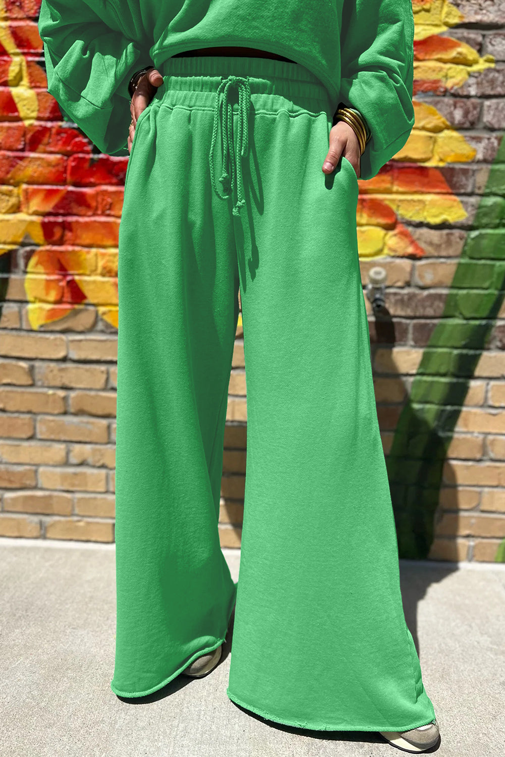 Bright Green Drop Shoulder Crop Pullover Drawstring Wide Leg Pants Set