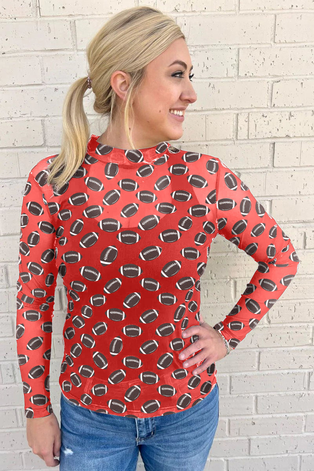 Top de manga larga transparente de malla de fútbol rojo para el día del partido