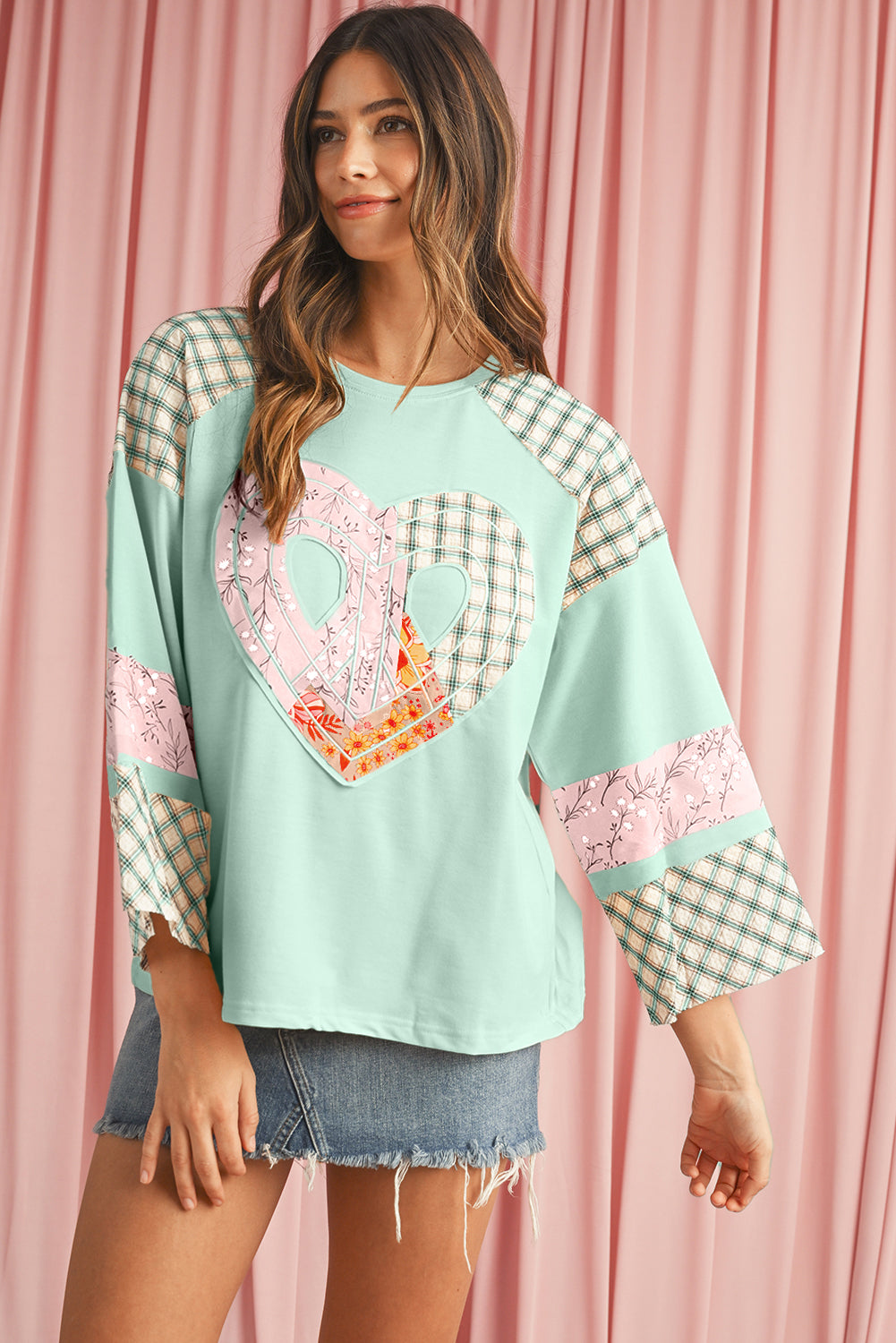 Beige Plaid Floral Patchwork Heart Long Sleeve Top