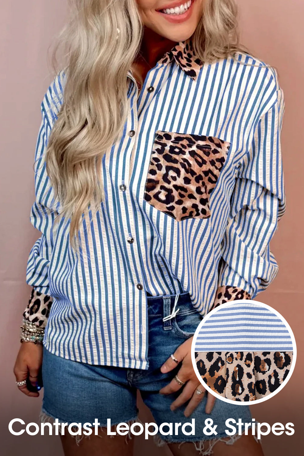 Racing Red Leopard and Striped Patchwork Button Shirt