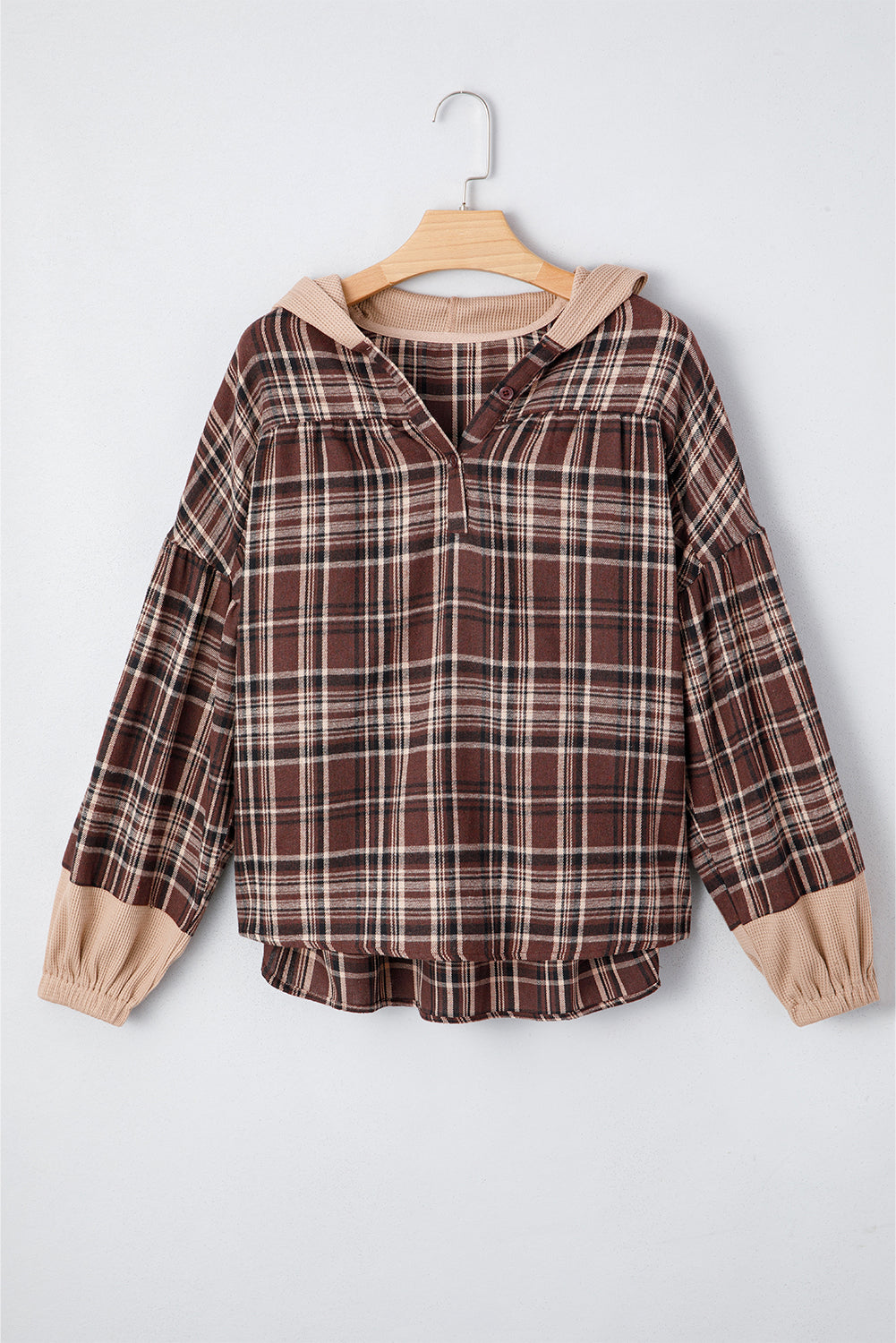 Brown Plaid Waffle Patchwork Long Sleeve Henley Hooded Top