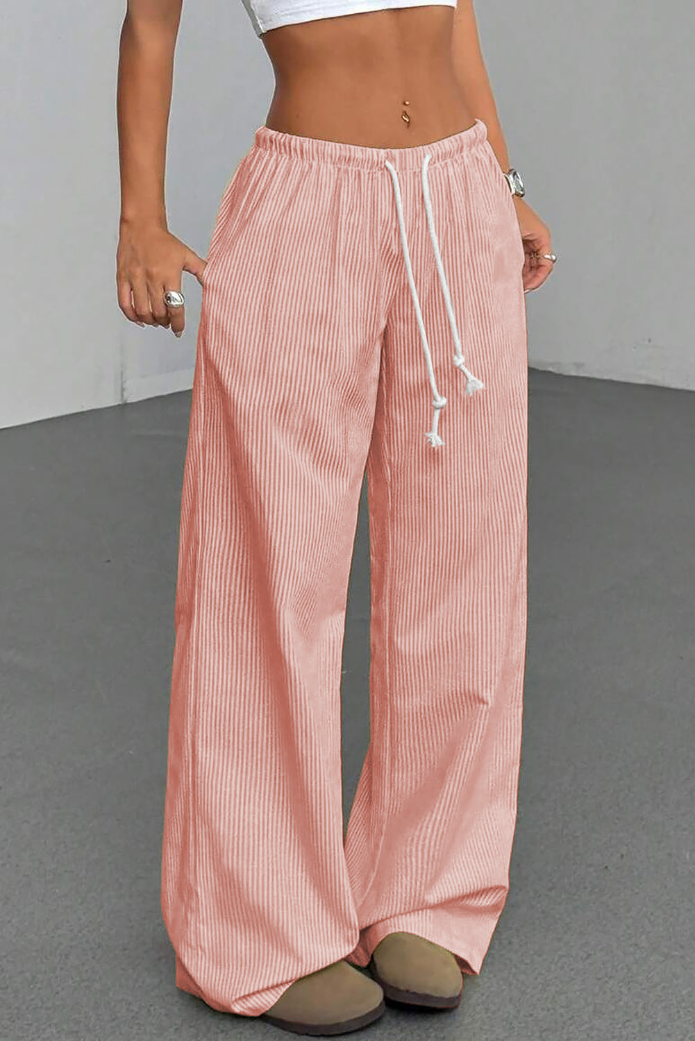 Pink Stripe Drawstring Plus Size Loose Pants