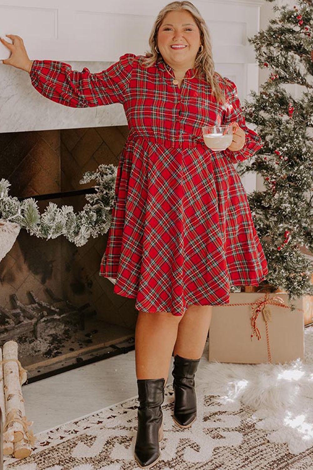 Red Plaid Half Button Long Sleeve Holiday Plus Size Dress