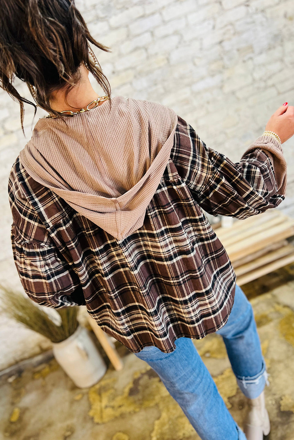 Brown Plaid Waffle Patchwork Long Sleeve Henley Hooded Top