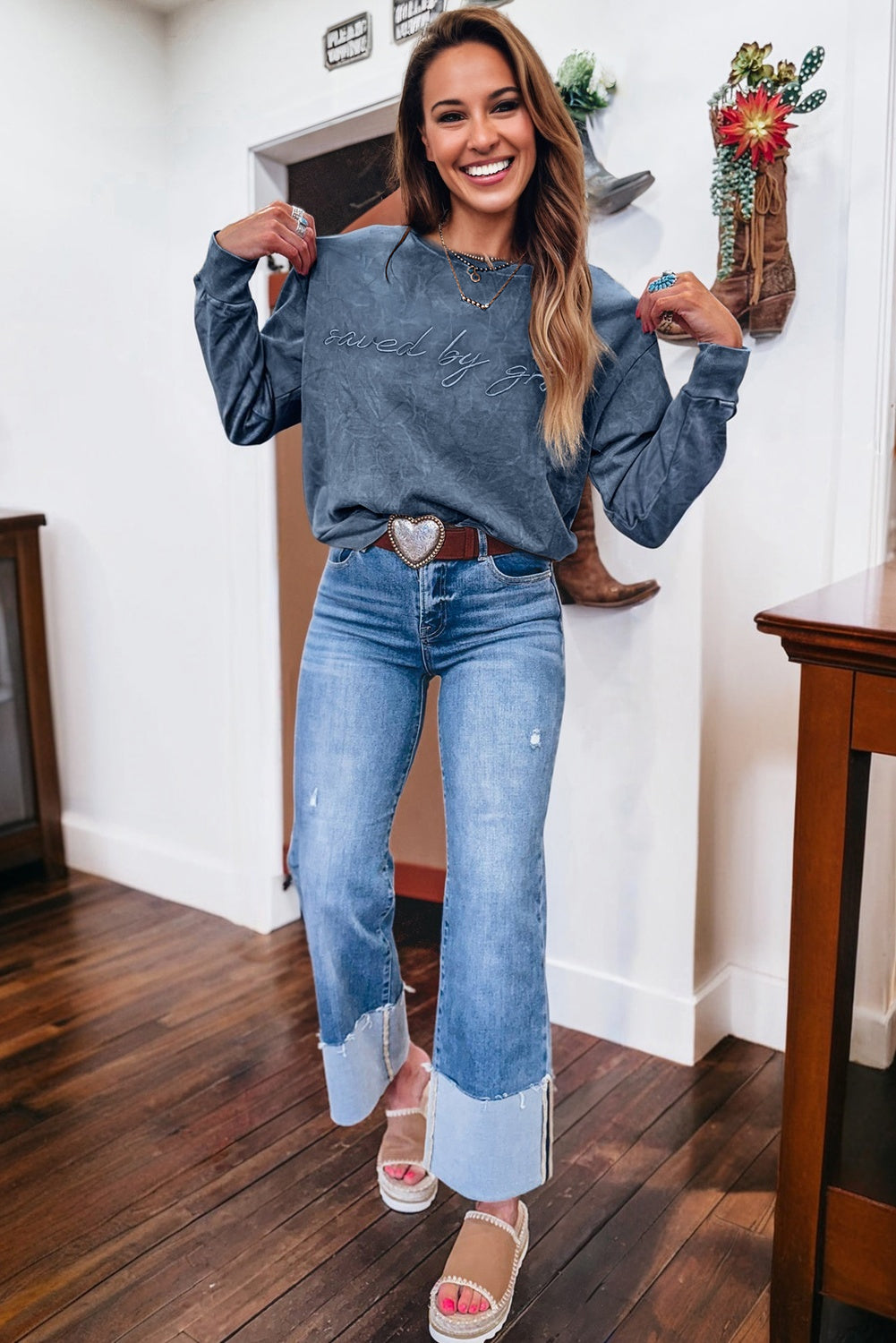 Dune saved by grace Letter Embroidery Mineral Wash Loose Sweatshirt