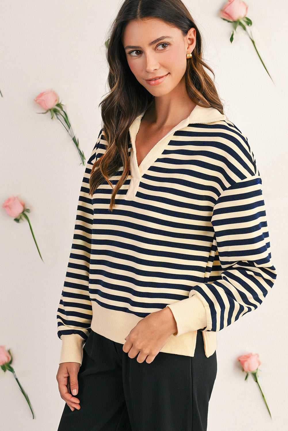 Blue Striped Long Sleeve V Neck Top