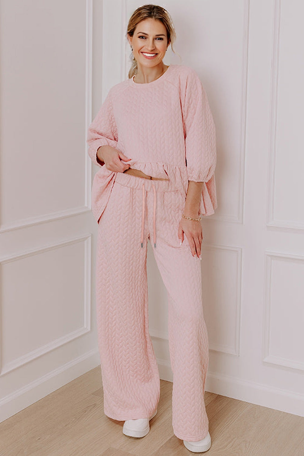 Delicacy Braided Texture Ruffle Hem Top Drawstring Loose Pants Set