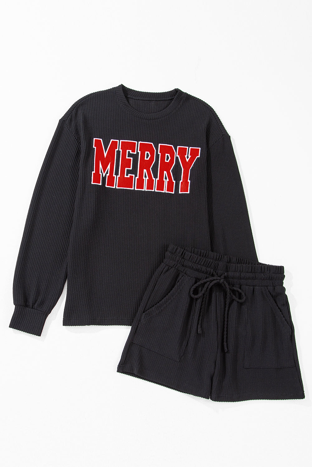 Racing Red Corded MERRY Long Sleeve Top and Shorts Pajama Set