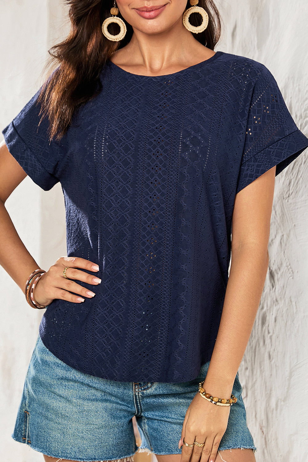 Navy Blue Solid Color Eyelet Jacquard Cuffed Short Sleeve Top
