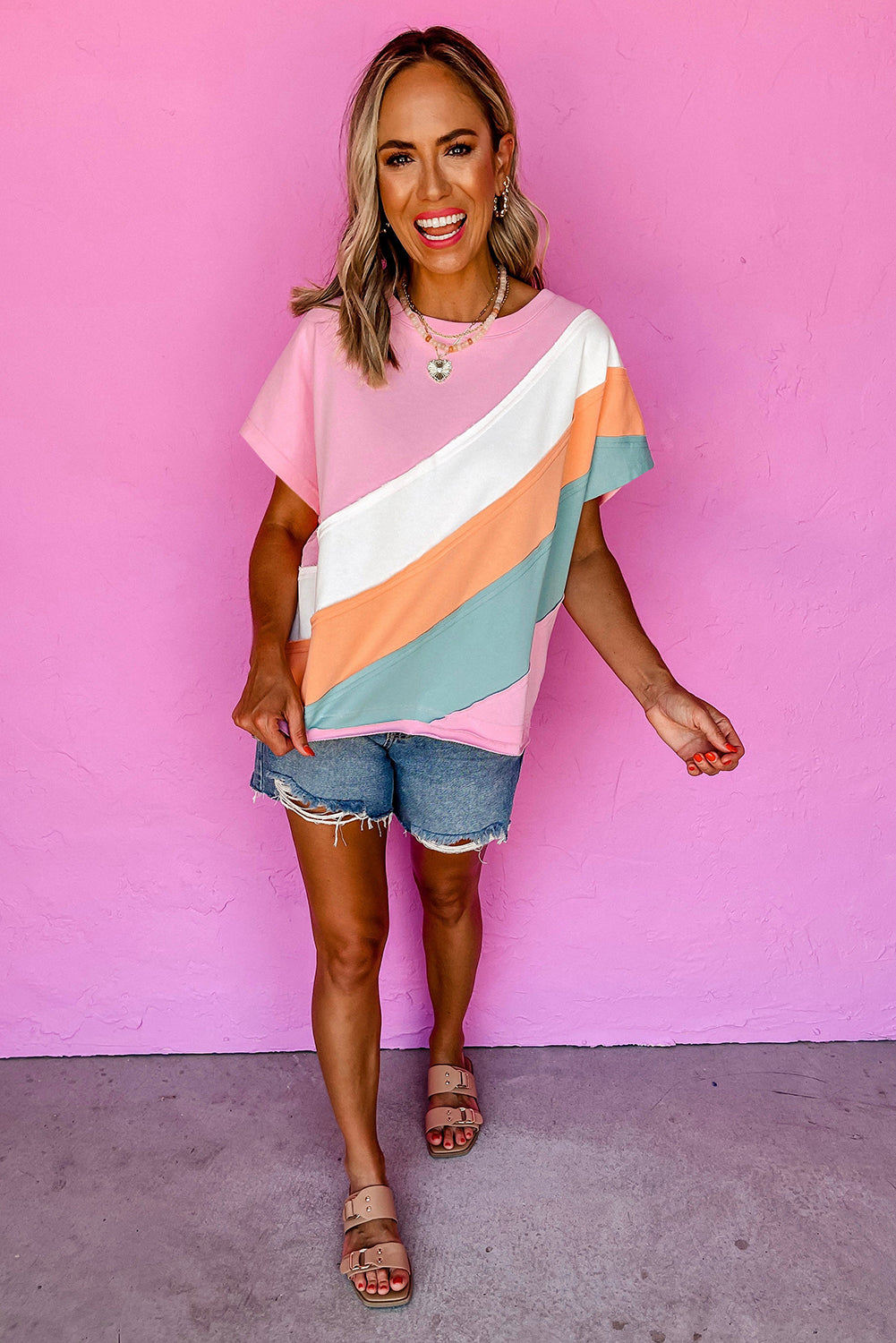 T-shirt ras du cou à coutures contrastées et blocs de couleurs roses