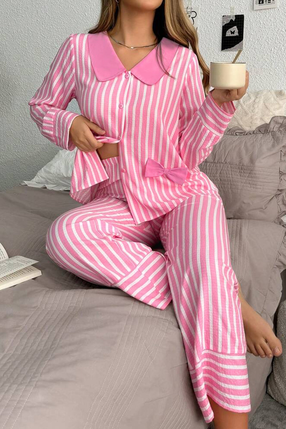 Pink Striped Sweet Bow Decor Peter Pan Collar Pullover Pants Pajama Set