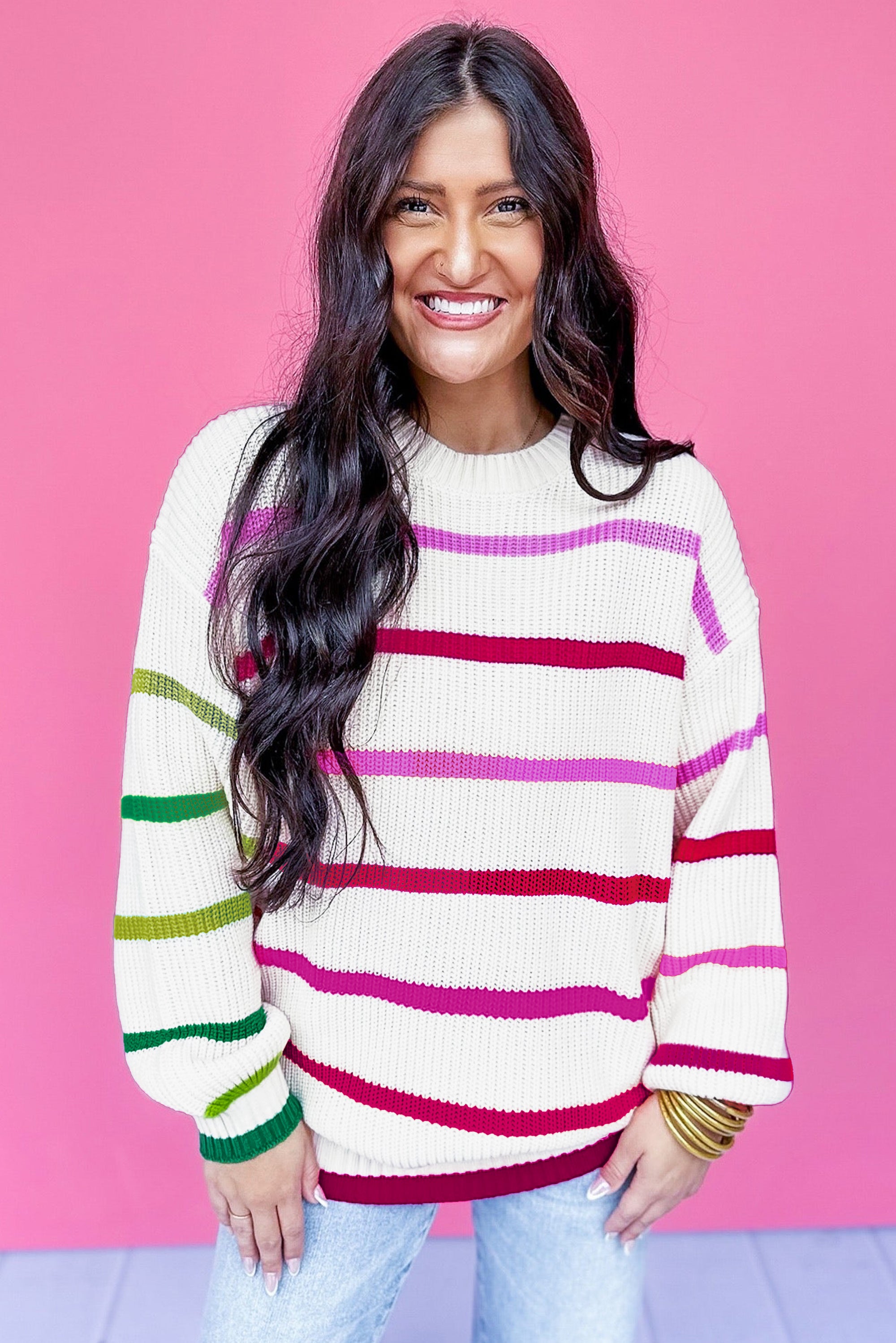 White Colorful Striped Drop Shoulder Crew Neck Sweater