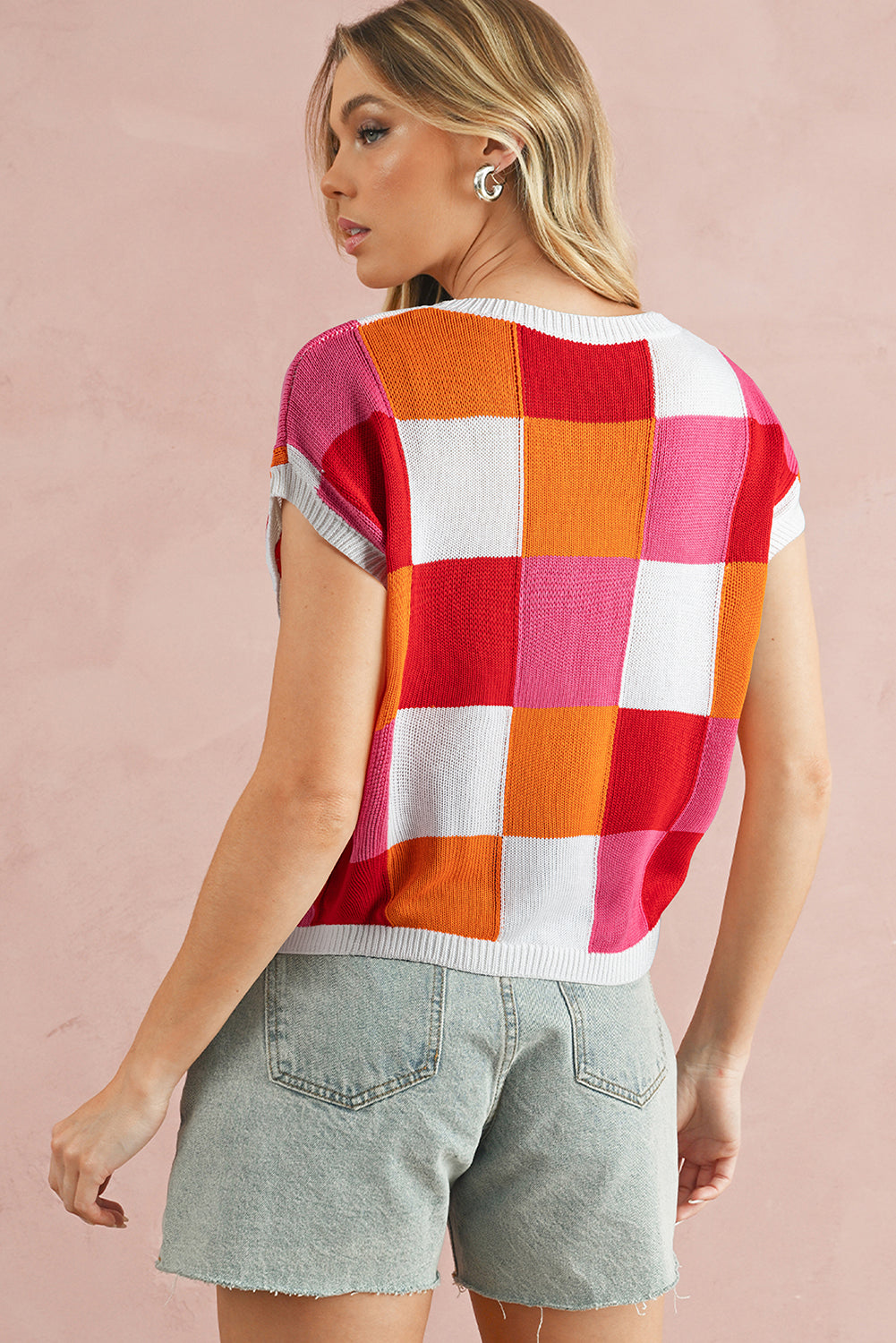 Fiery Red Checkered Color Block Cap Sleeve Knitted Top